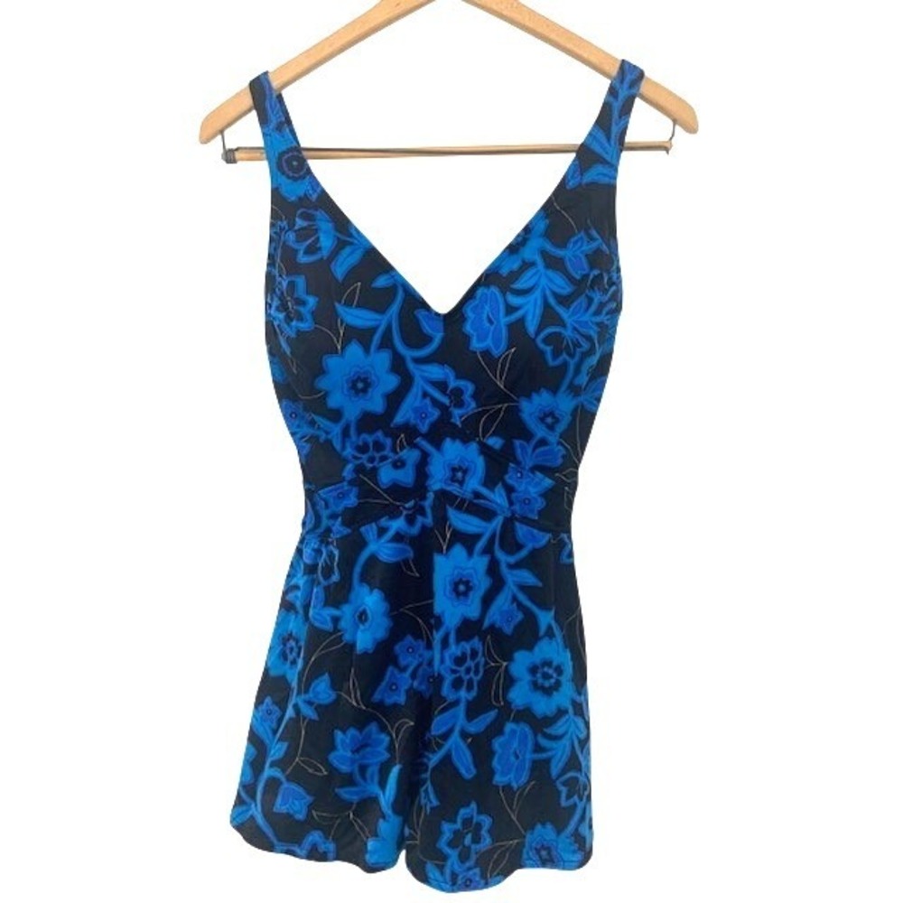 Vintage Roxanne Swim Dress Size 16 C Cup Blue Floral One Piece Skirted Swimsuit